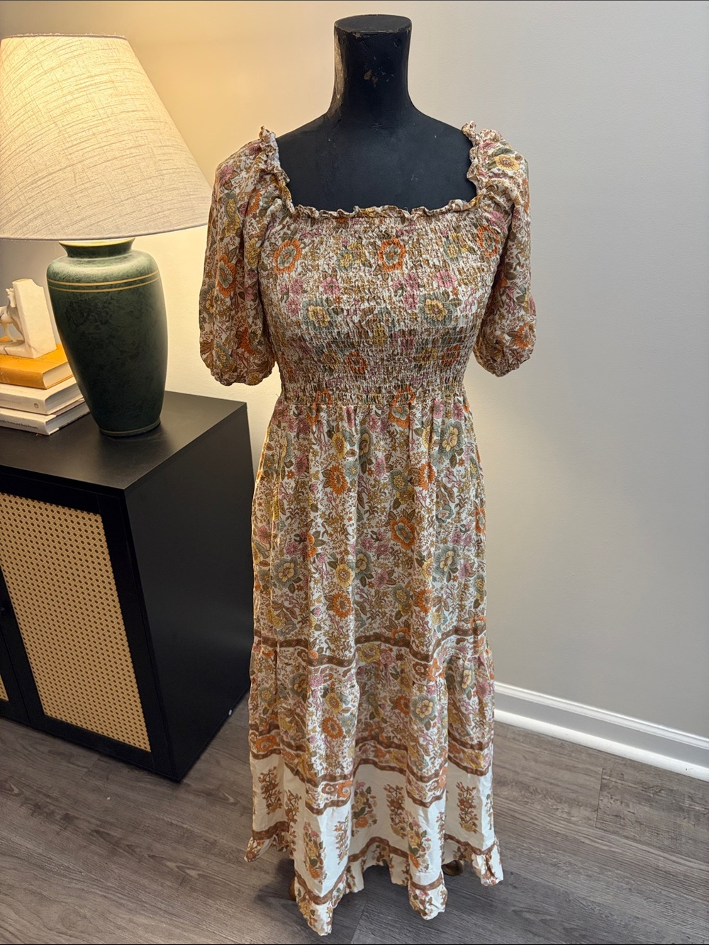 Kindred Cottage Cowgirl Autumn Wedding Floral Smocked Maxi Dress (M) 100% Rayon